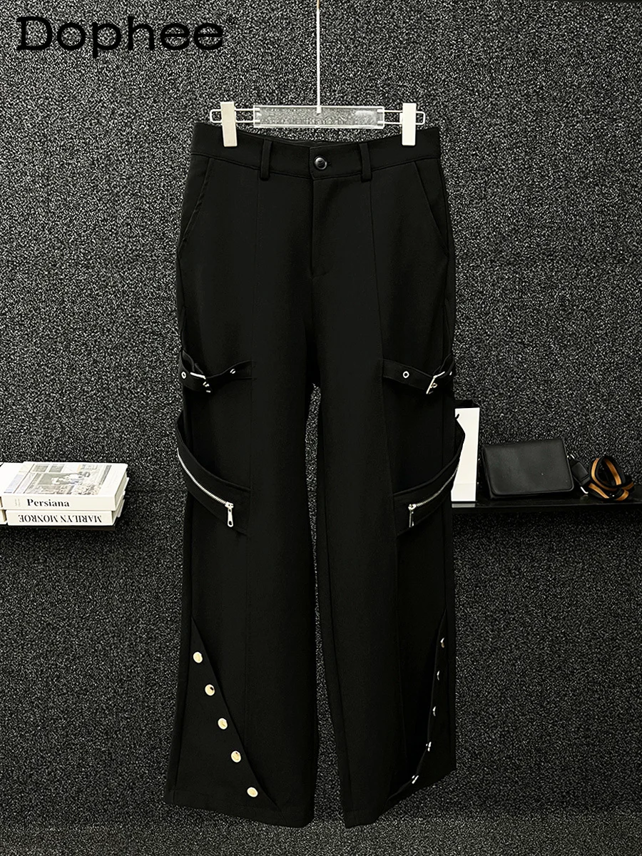 2024 Autumn Winter Chic Metal Zipper Decoration Casual Wide-Leg Pants Men's Loose High-End Straight-Leg Trousers Blazer Pants