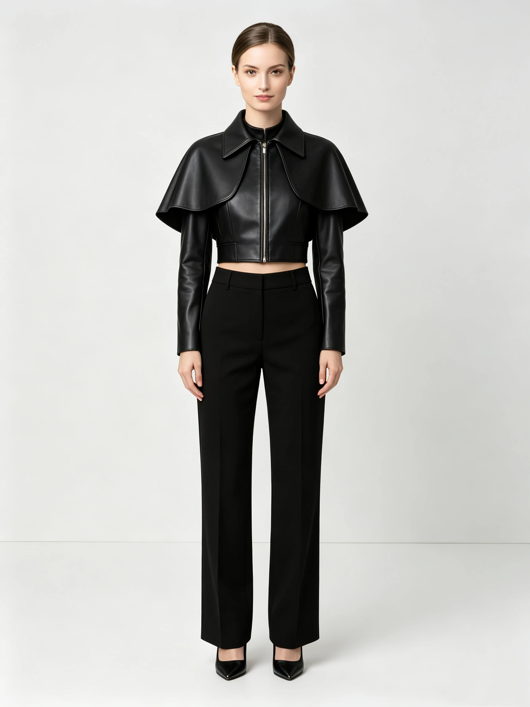 Women's Faux Leather Cropped Jacket with Oversized Cape Collar and Zipper Front