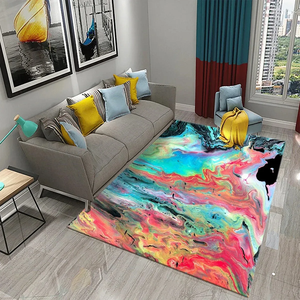 Non‑Slip Soft Large Floor Carpet Modern Vibrant Blue Fluid Marble Swirl Print Area Rug for Living Room Bedroom Office Home Decor