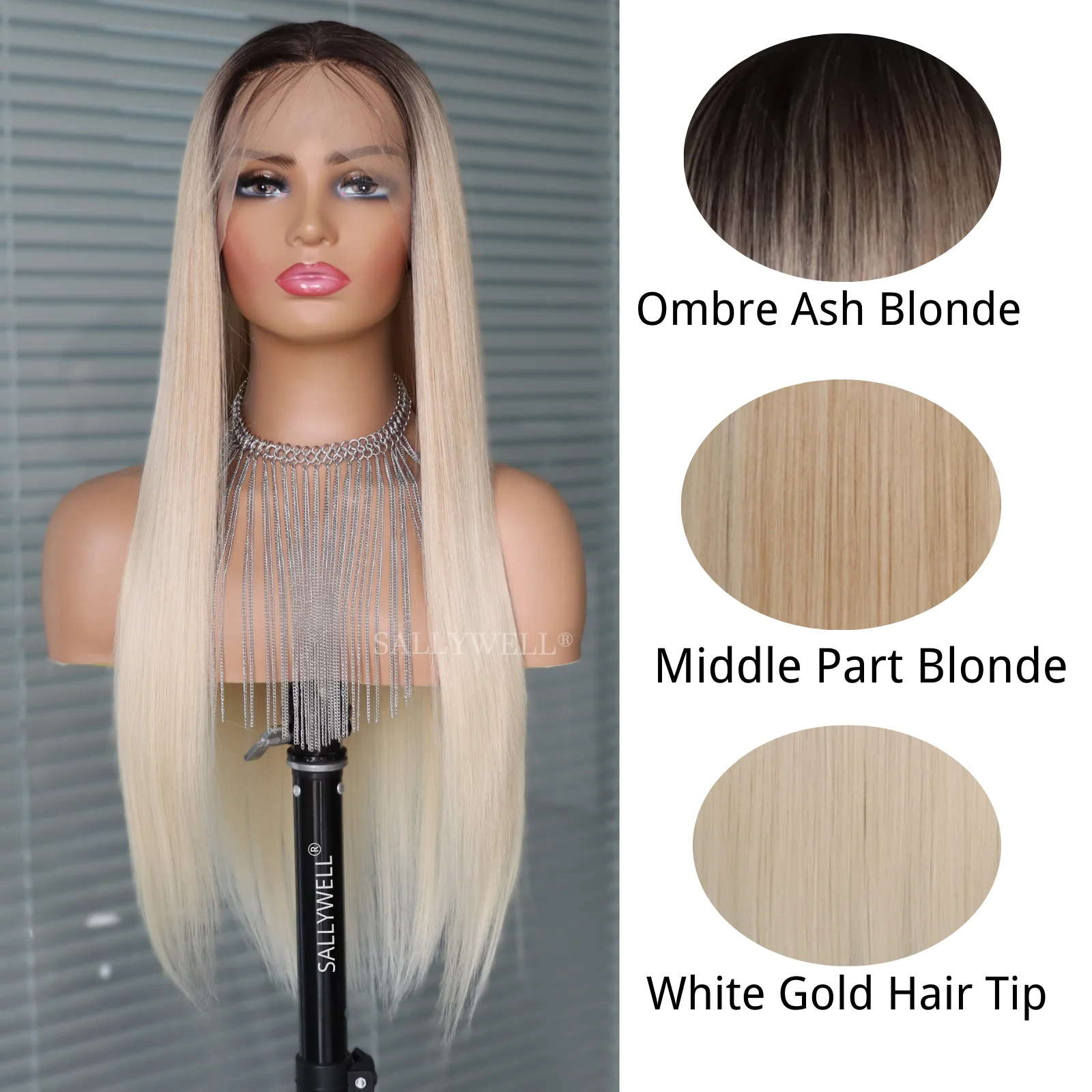 13X4 Lace Front Blonde Color Wig Straight Gradient Wig Layered Synthetic Hair Wig with Dark Roots for Daily Party