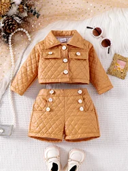 2PCS Comfortable And Fashionable Western-Style Yellow Coat + Shorts Set For Girls Aged 0-3 In Autumn And Winter