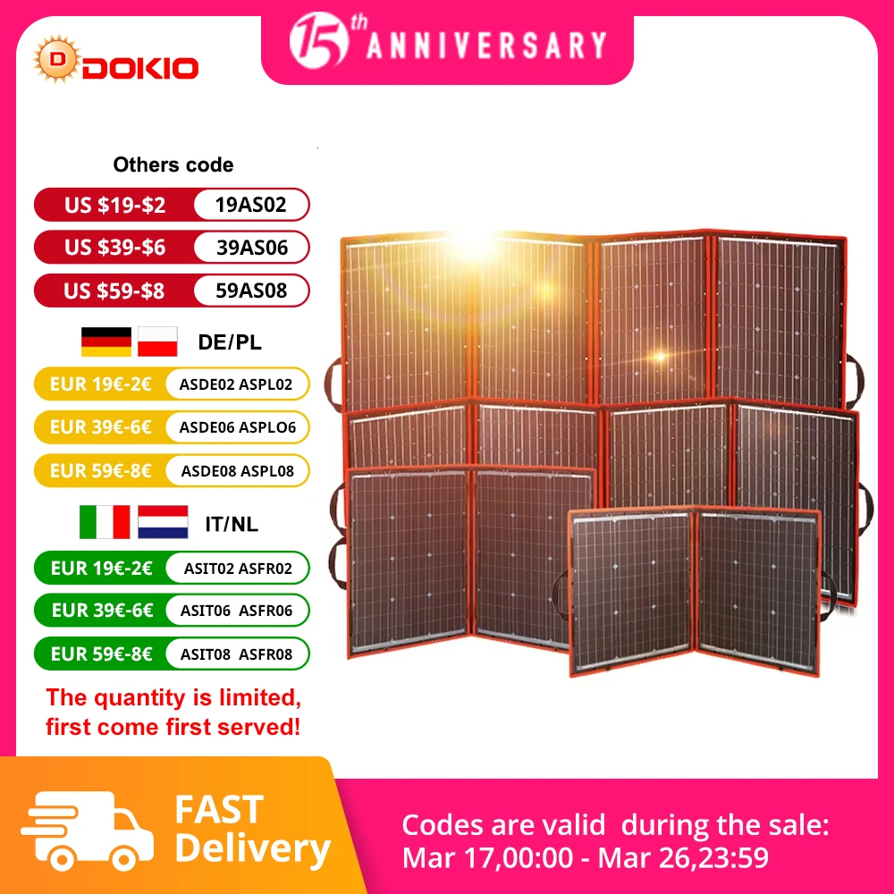 Dokio Flexible Foldable 18V Solar Panel High Efficience Travel & Phone & Boat Portable 12V 80-295w Solar Panel Kit