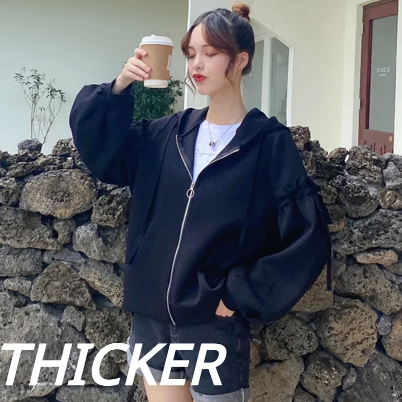 

Толстовки со шляпой на молнии на шнуровке Эстетические теплые элегантные офисные женские свободные повседневные однотонные толстые оборки в Корейском стиле Красивые