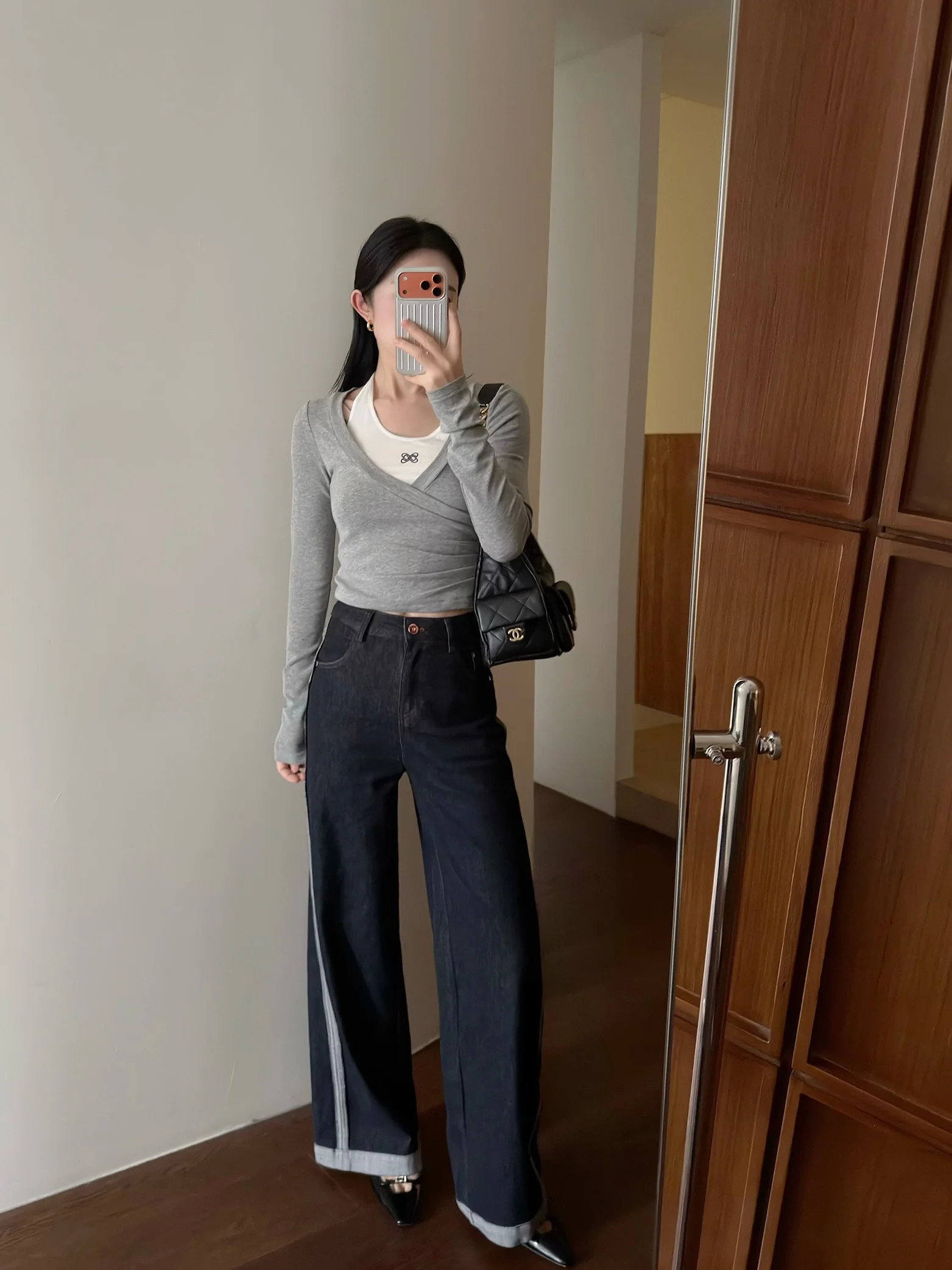 

Jiaoyang Authentic Cowhide Lazy eat Legs Color Blo High Waist Wide Leg Jeans Casual Sle l Waist Chain Detail Cotton