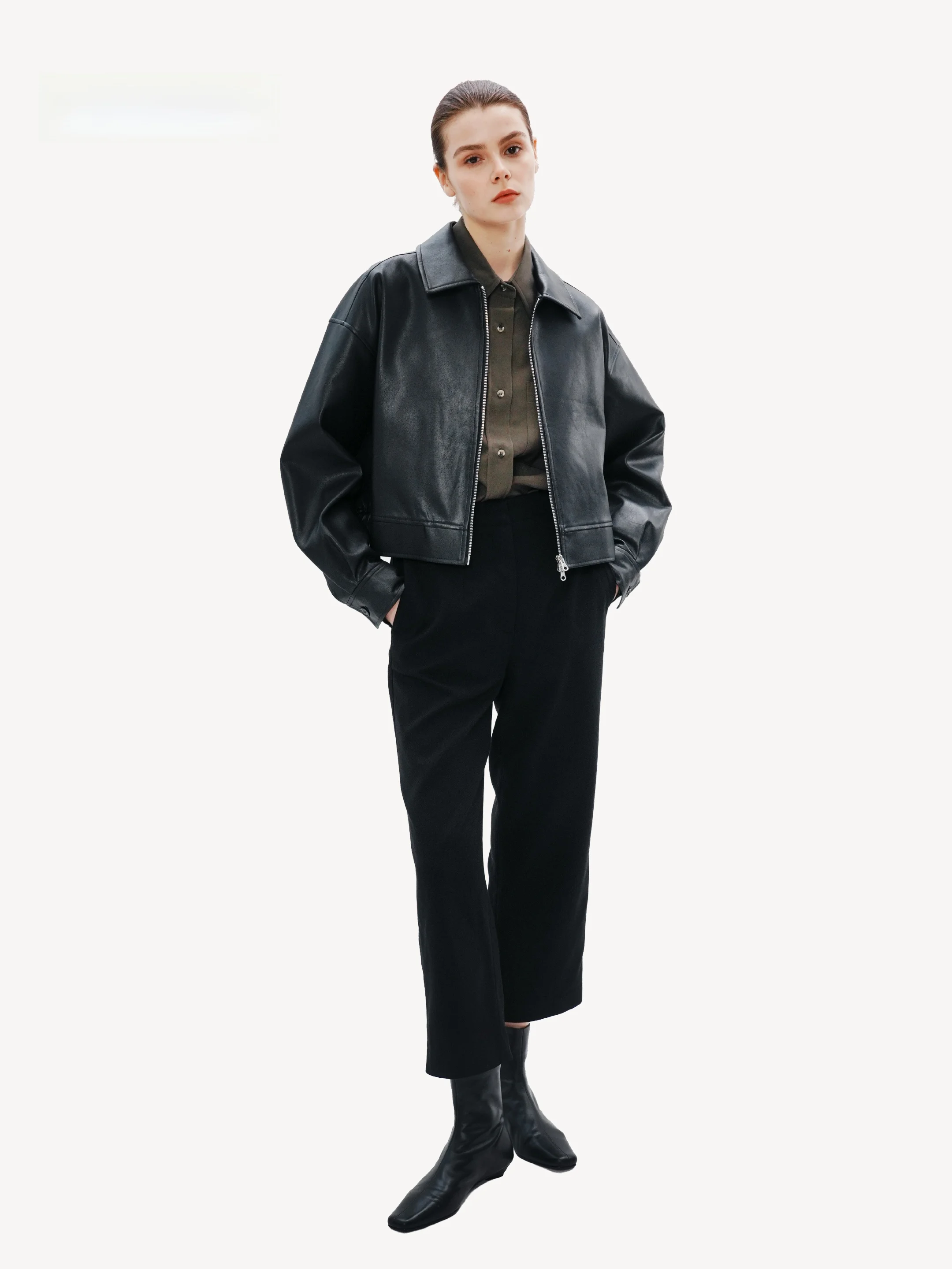 AEVIAA ブラック ヴィンテージ ディストレスト ルーズ カジュアル レザー ジャケット レディース 韓国スタイル 着痩せ 多用途 ショート 秋冬コート