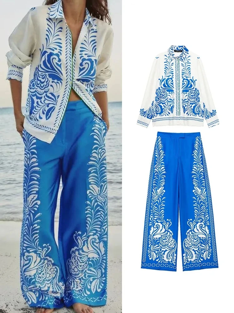 

Summer Women's Pajamas Set Fashion Printed Shirt Suit Retro Loose Long Sleeve Top + Wide Leg Pants Sleepwear New Loungewear Set