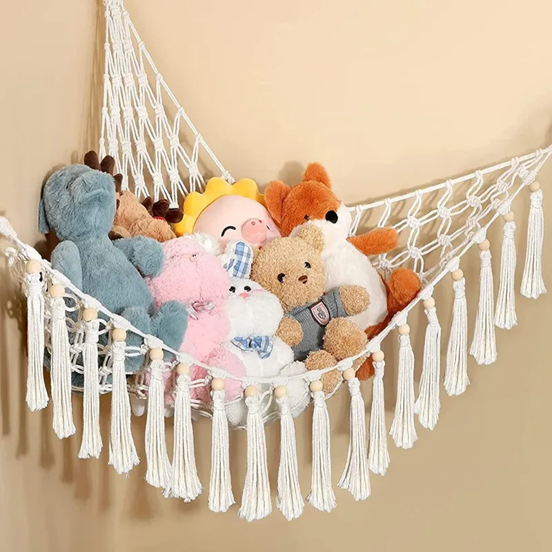 Corner Stuffed Animal Storage Hammock Macrame Toy Net with Tassels Boho Hanging for Plush Toys Nursery Kids Room Wall Decor