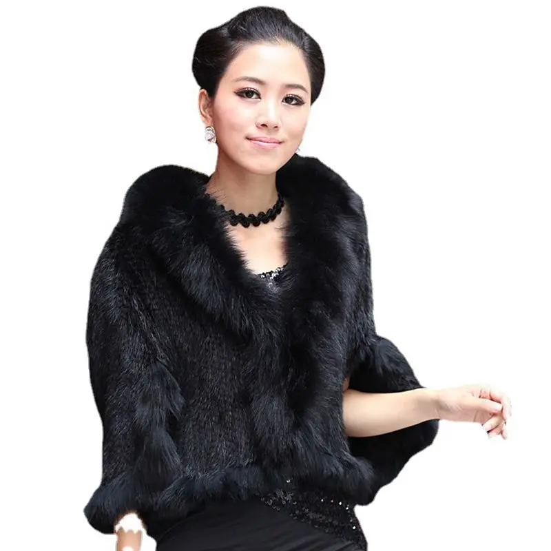 Autumn Winter Ladies' Genuine Knitted Mink Shawls Fox Collar Women Fur Pashmina Wraps Bridal Cape LF5060