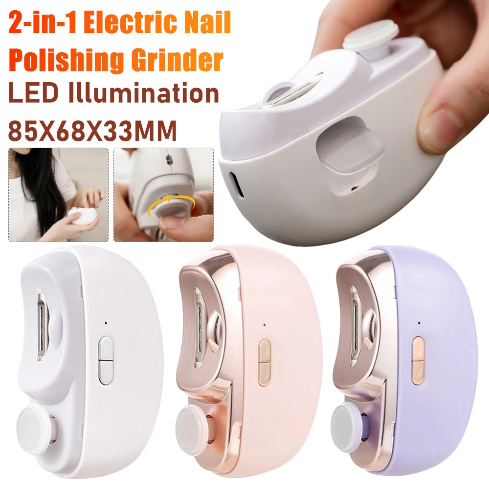 Cortador de unhas elétrico 2 em 1, moagem e polimento, cortador de unhas automático com luz led, ferramenta de manicure