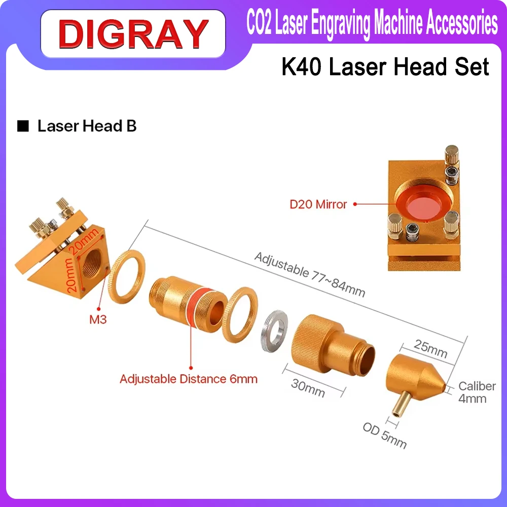 DIGRAY K Series CO2 Laser Head Set Dia12 / 20mm FL:50.8mm Lens Gold Color for 2030 4060 K40 Laser Engraving Cutting Machine