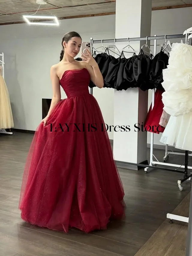 فساتين سهرة كورية من التل اللامع باللون الأحمر للنساء بدون حمالات لحفلات الزفاف وحفلات التقاط الصور فستان حفلات الزفاف فستان حفلات الزفاف 2026 #2