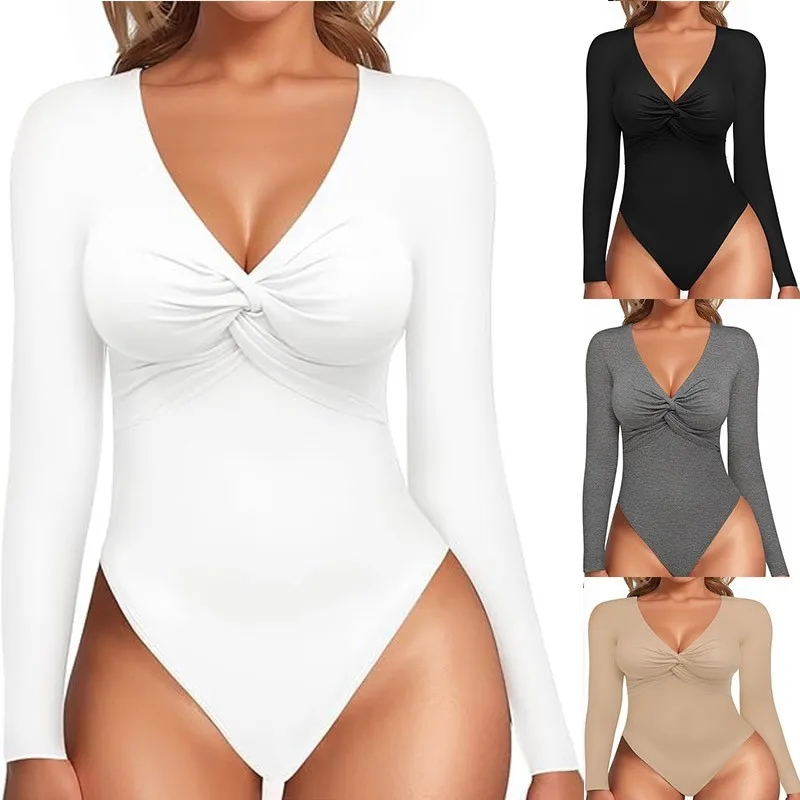 Women's Long Sleeve V Neck Button-Front Patchwork Capri Skinny Fit Jumpsuit with High Cut Leg and Knotted Front for Spring