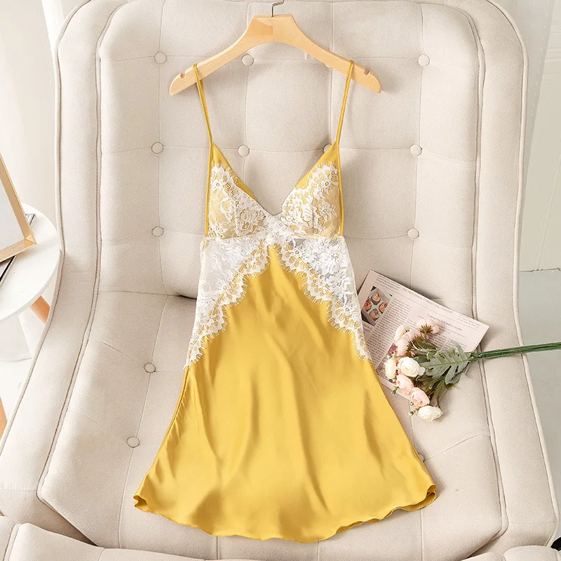 Sexy Lace Nightgown Patchwork Nightwear Women Sleepwear Home Dressing Gown Intimate Lingerie Casual Nightdress Summer Home Wear