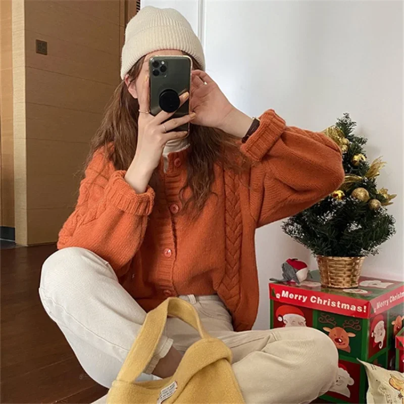 DAYIFUN-Women's Loose O-Neck Sweater Short Cardigans Vintage Fried Dough Twist Knitted Coats Autumn Winter New Jumpers for Women