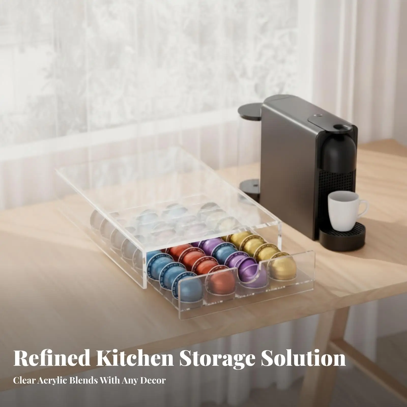 Transparent Coffee Capsule Storage Rack Acrylic Organizer for Kitchen Countertop Pod Tray with Open Shelf and Slotted Holder