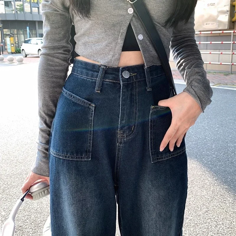 Jean en denim pleine longueur pour femme, poches, style coréen vintage, streetwear décontracté, collège, printemps, commconsulAll-match, harajuku