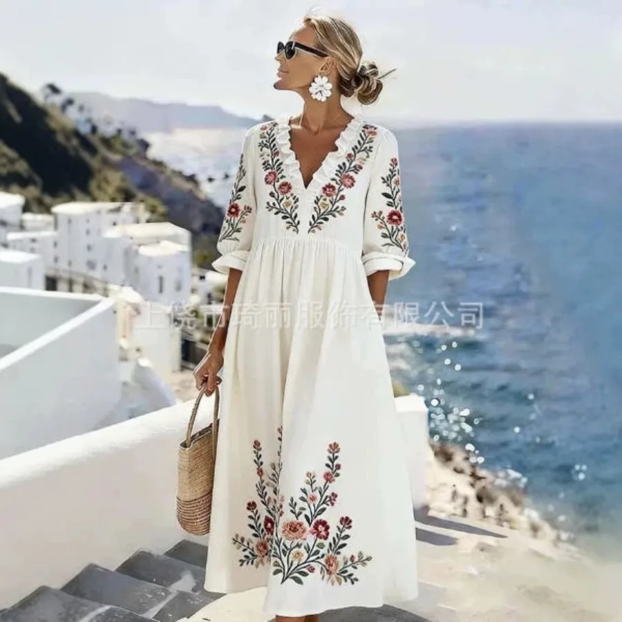 

【New style】- hot sale European and American women's clothing medium and long sleeves side pockets lace collar dress seaside vac