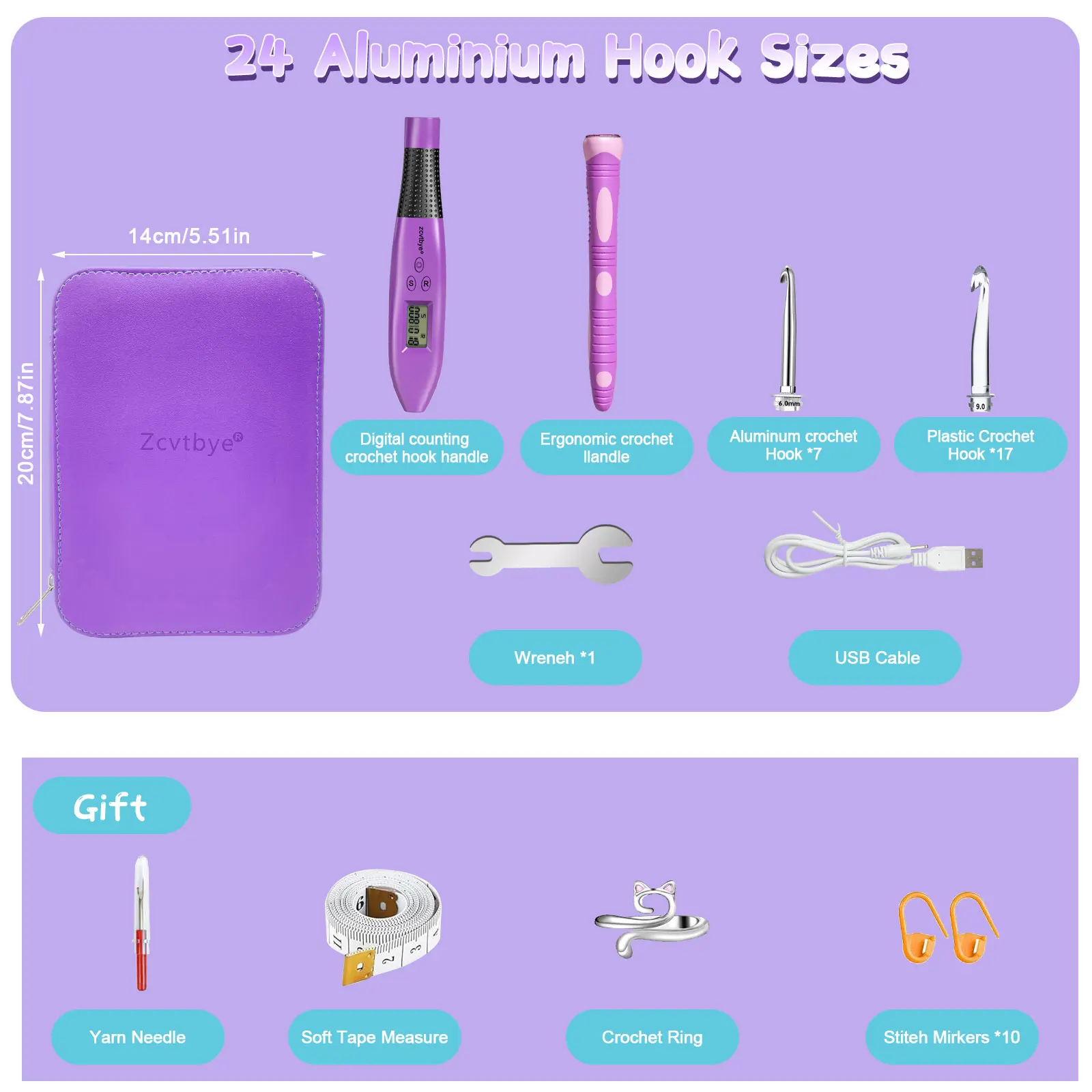 24 قطعة مجموعة خطاف كروشيه مع عداد مريح إبر الحياكة عدة مع مصباح ليد وصف عداد رقمي لتقوم بها بنفسك أداة لخطاف الحياكة