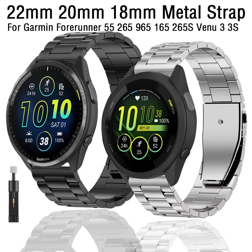 Garmin Forerunner 용 22mm 20mm 18mm 금속 스트랩 55 265 965 165 265S Venu 3 3S 2 팔찌 Garmin Active 5/Vivomove Trend Correa