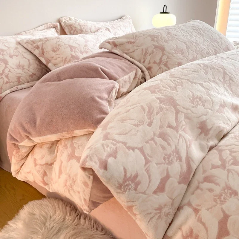 Winter Thermal Warm Bedding Set Cozy Thick Embossed Milk Velvet Fabric Silky Gentle Skin Touch Machine Washable 4 Piece Set
