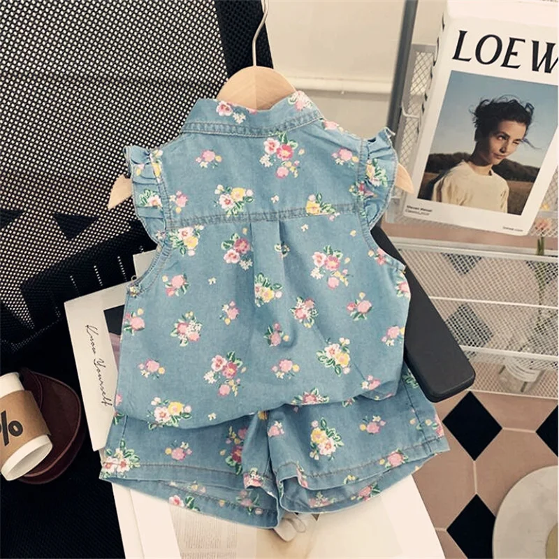 Girls Denim Clothes Sets Summer 2024 Children Sleeveless Shirts Shorts 2pcs Suit For Baby Tracksuits Kids Fashion Outfits 7 Year