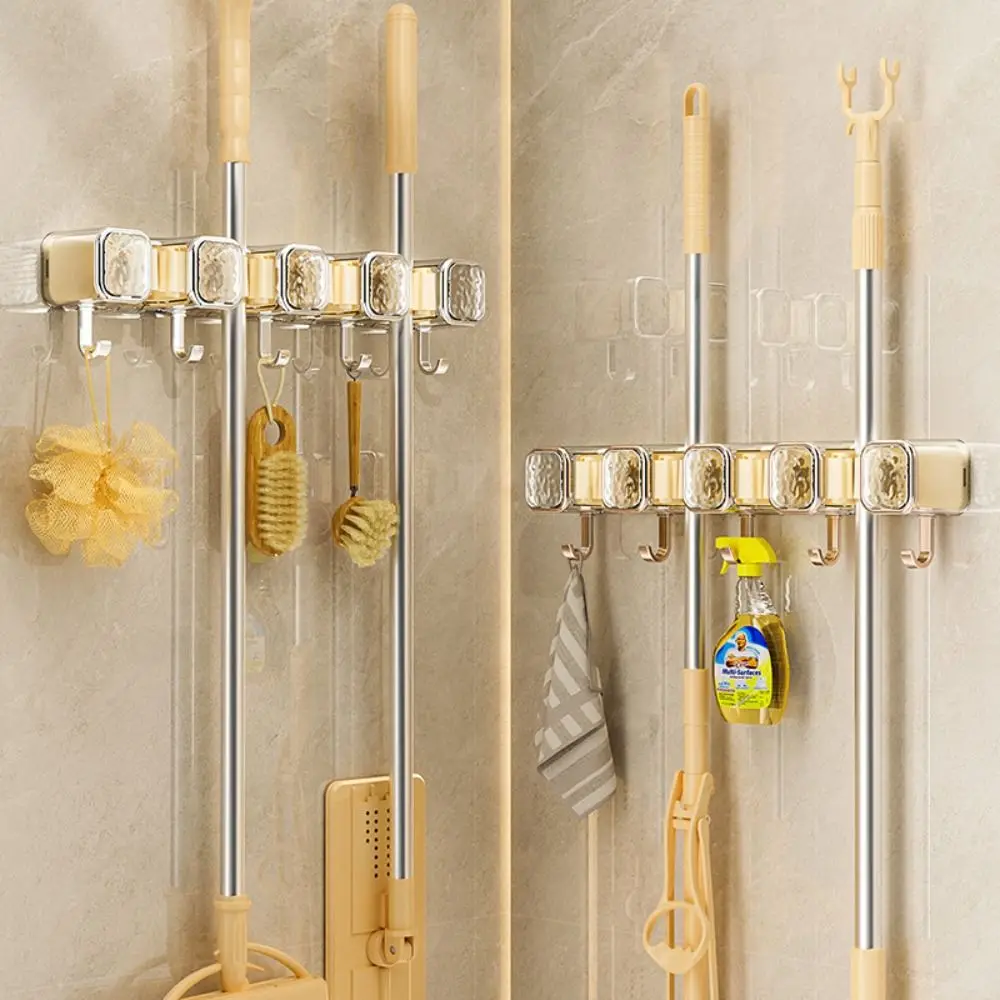 

New Wall Mounted Mop Holder Rack Storage Space-saving Broom Mop Holder Bathroom Tools With 5 Hooks Broom Hanger Organizers