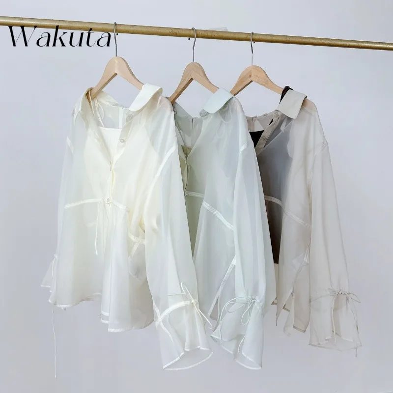 

WAKUTA Fairy Sweet Flare Sleeve Lace Up Set Shirt Knit Slim Commuter Solid Sling Japan Chiffon Loose Top French Suit Tee Y2k 2pc