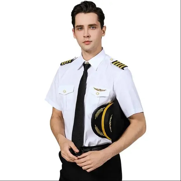 Aircraft Captain Uniform Pilot Shirt Summer Men  Blouse White Crew Commander Work