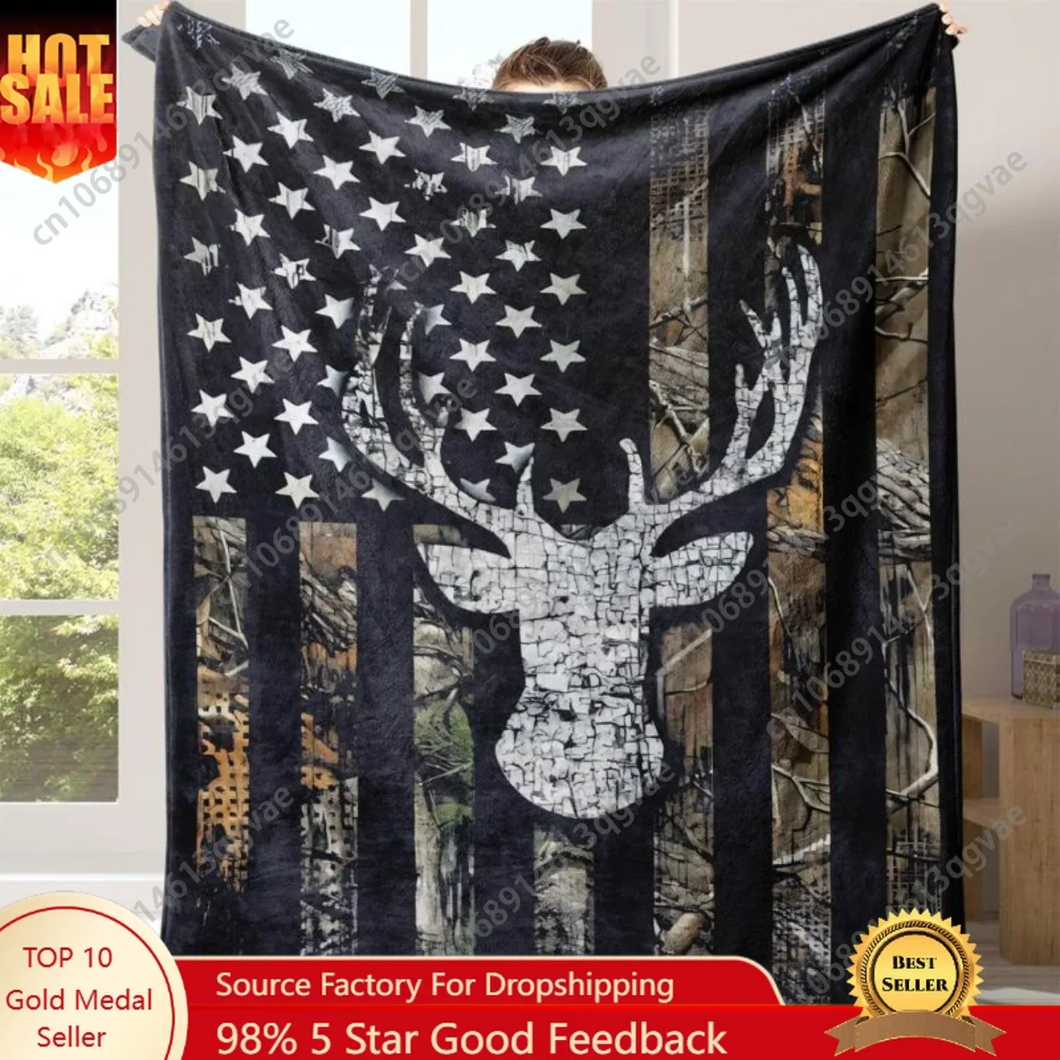 Flag & Deer Head Pattern Flannel Blanket 1 Count Soft Comfortable Warm Throw Cool Bedroom Bedding Blankets for Home Office