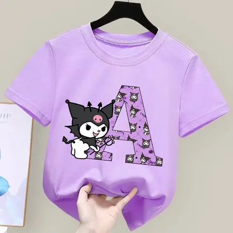Sanrio Kuromi T-shirt dziecięcy Cute Cartoon Anime Letter A-Z Print Girls Clothes Fashion Kids Toddler Cotton Short Sleeve Tops