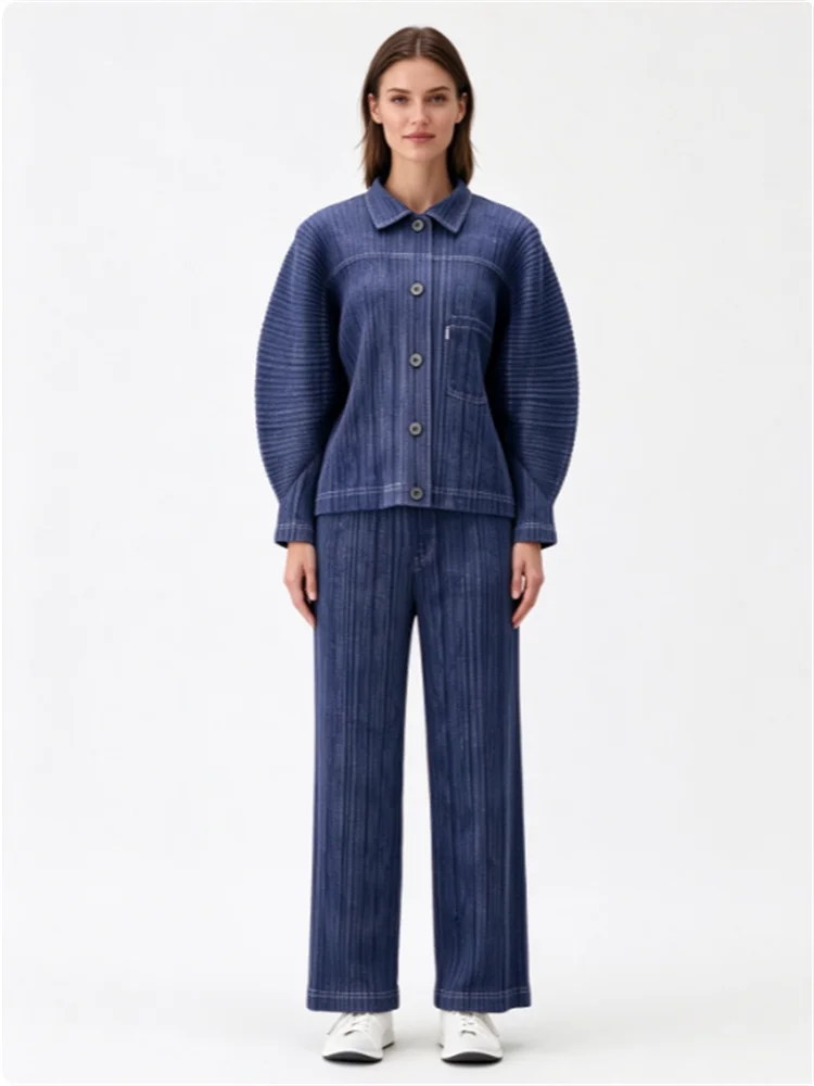 Miyake Pleated Women Blue Ribbed Two Piece Set, Collared Button Jacket Loose Pants, Vertical Texture Outfit