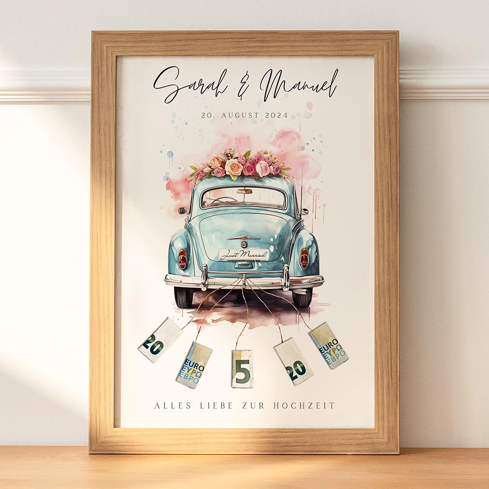 Personalized Wedding Car Cash Gift Poster, Cash Watercolor Canvas Art Print, Bride and Groom Wall Decor, Custom Couple Gift Idea