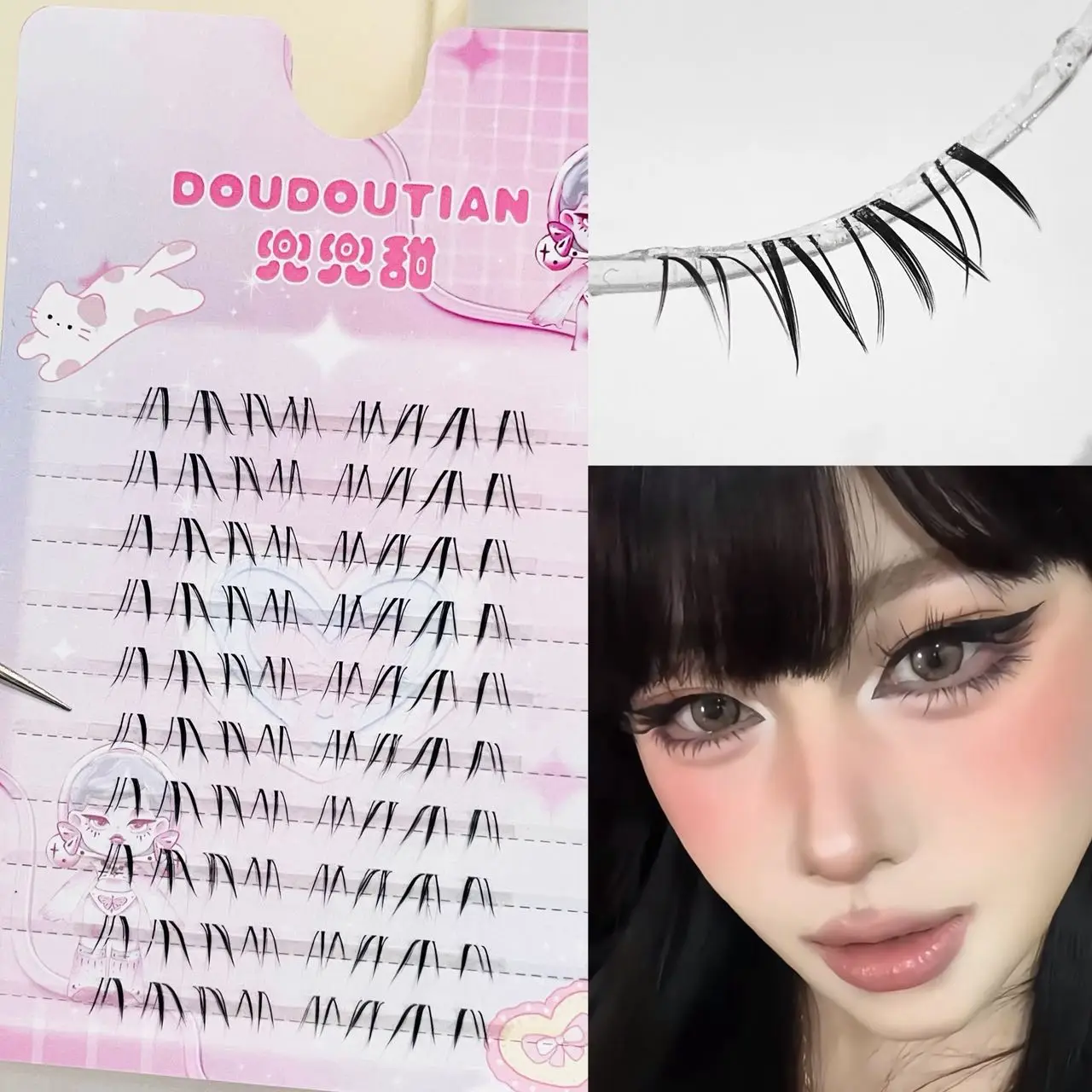 Doudoutian Cool Wolf Asiatische Dicke Untere Wimpernbüschel mit Transparentem, Dünnem, Unsichtbarem Band und Scharfen, Stacheligen Spitzen für Y2K-Style, Tägliches Make-up und Party-Looks