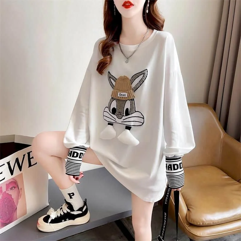 

Graphic T-Shirts Women Casual O-neck Female German Velvet Pullover Long Sleeve Korean Style Vintage Mid Length Women Clothes