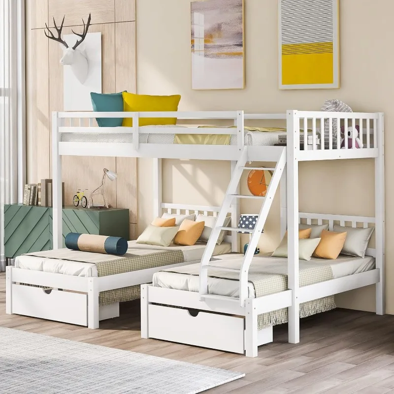 

Wood Triple Bunk Bed Full Over Twin &Twin Bunk Beds for 3, Wooden Triple Beds Frame with Drawers and Guardrails for Kids,Teens