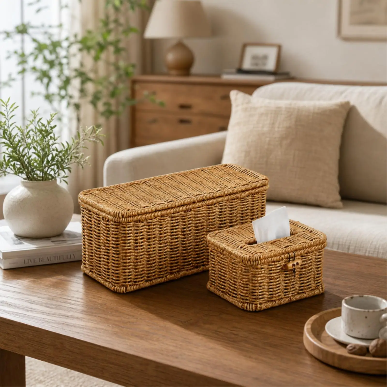 Cable Concealer Box with Hinged Lid for Power Strip Storage and Small Woven Tissue Case for Tabletop Clutter Control