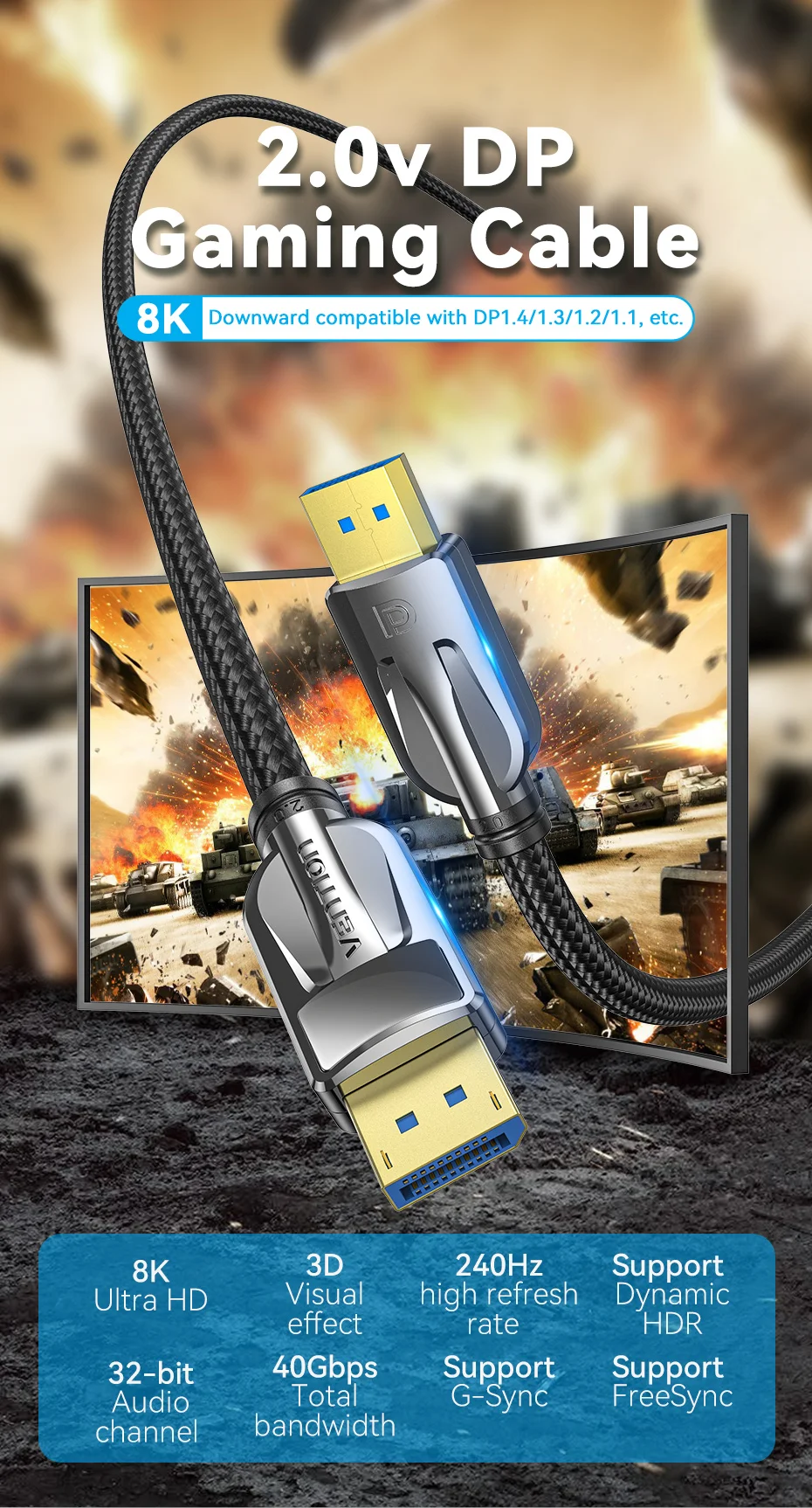 Vention 10K DisplayPort-Kabel 8K@60Hz 4K@165Hz 40 Gbit/s Display Port Audiokabel unterstützt HDR HDCP 2.2 für Gaming-Monitor TV DP 2.0 – Detail 3