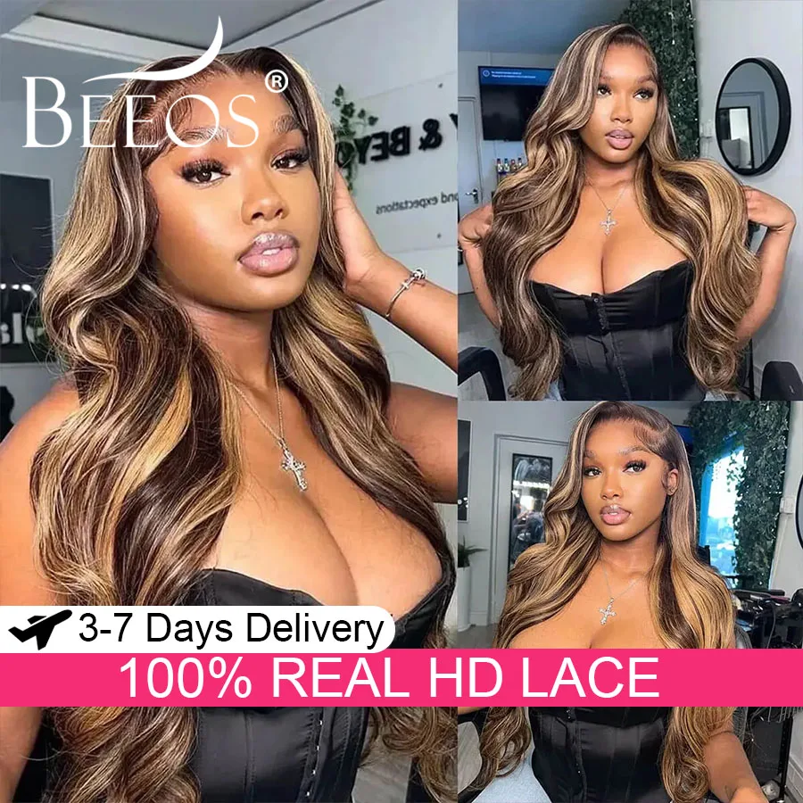

#4/27 13x6 HD Lace Frontal Human Hair Wigs Highlight Wigs Body Wave Melt Skins Pre Plucked Hairline Skinlike HD Lace For Woman