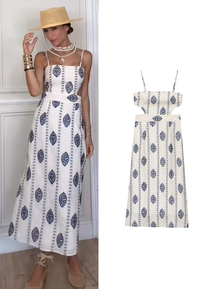 TFMLN 여성용 프린트 할로우 드레스 섹시한 백 레스 슬래시 넥 민소매 캐미솔 드레스 여름 새로운 패셔너블 슬림 피트 미디 드레스