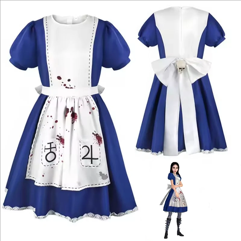 أنيمي أليس فستان الأميرة خادمة المئزر فستان لعبة الجنون يعود أليس تأثيري حلي للنساء الفتيات حفلة الهالوين