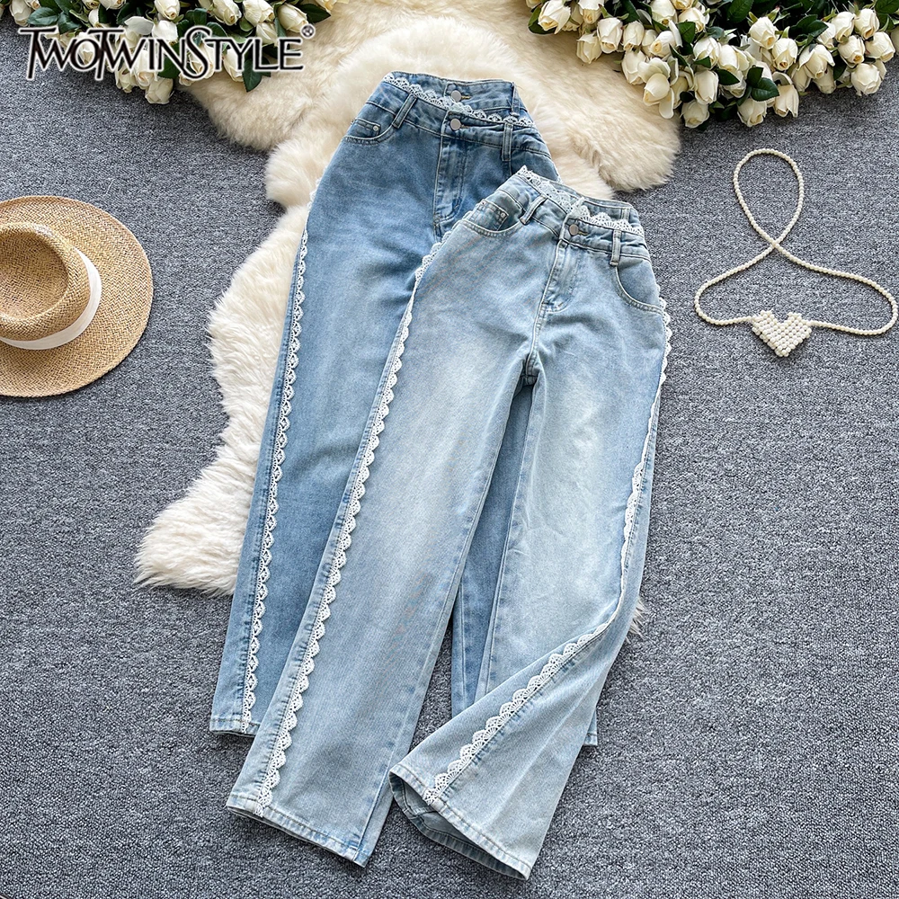 

TWOTWINSTYLE Casual Slimming Solid Spliced Lace Jeans For Women High Waist Temperament Denim Pants Female Fashion New KPA541880