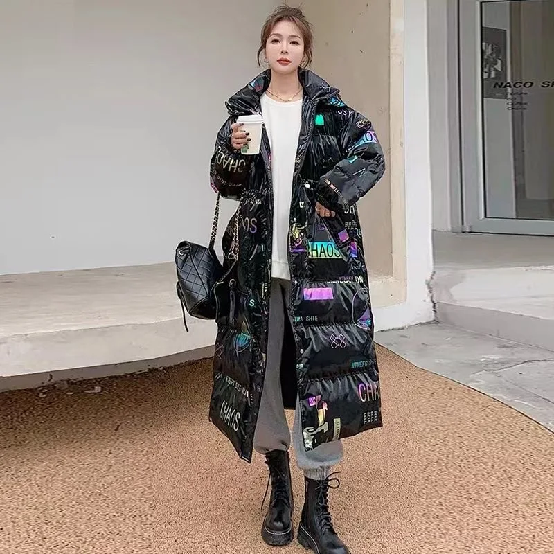 2025 New Winter Women's Down Jacket Bright Face Bright Color No-wash Hooded Over The Knee Long Plus Size Thick Padded Jacket