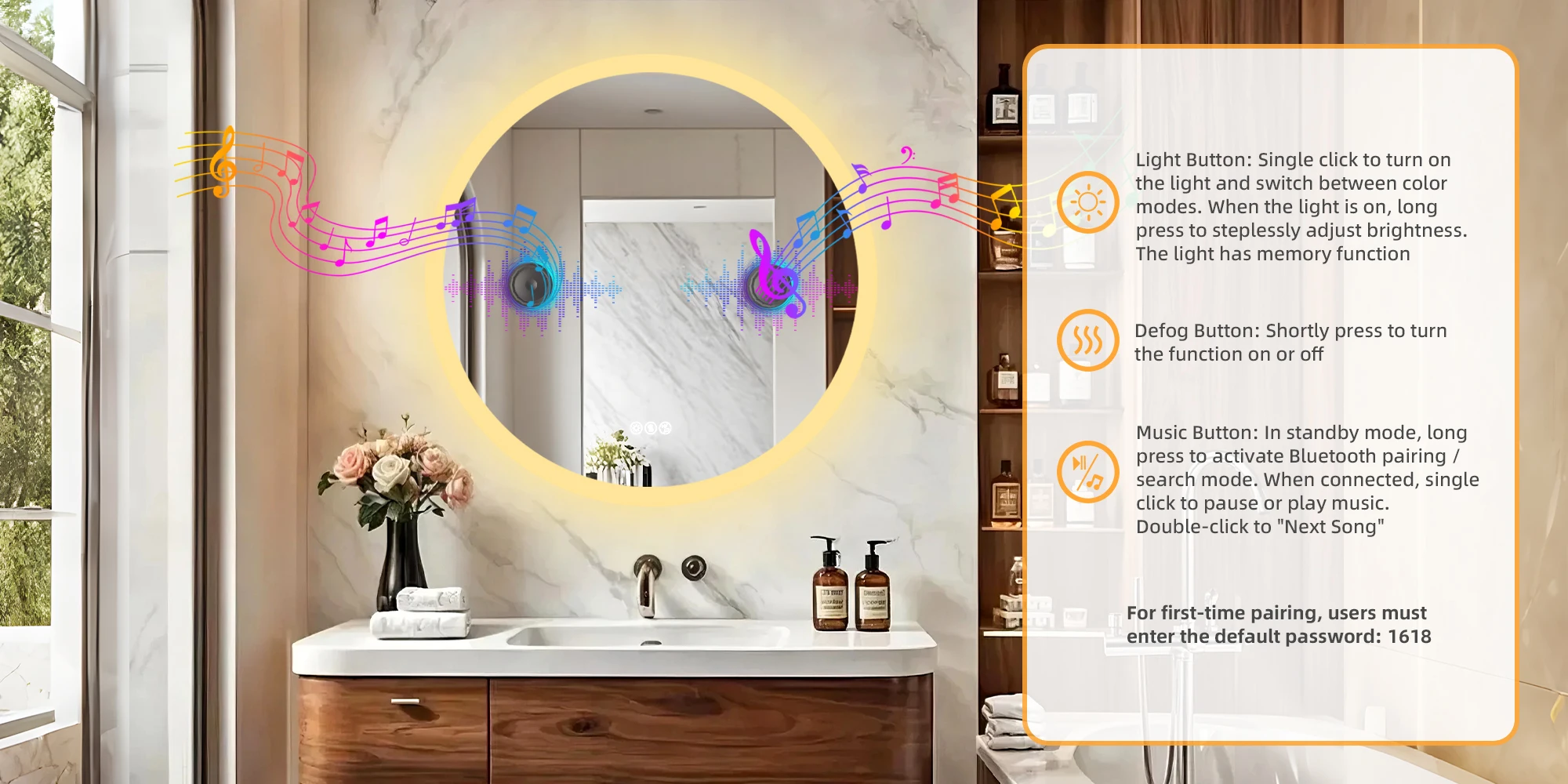 Round Bathroom Mirror 800x800mm with Bluetooth Wall Illuminated LED Vanity Mirror, Anti-Fog, Three Color Light, Memory Function