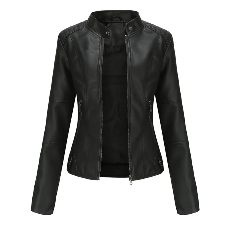 UHYTGF-chaqueta de cuero PU con cremallera para mujer, abrigo fino de alta gama, color negro, para primavera y otoño, 2654