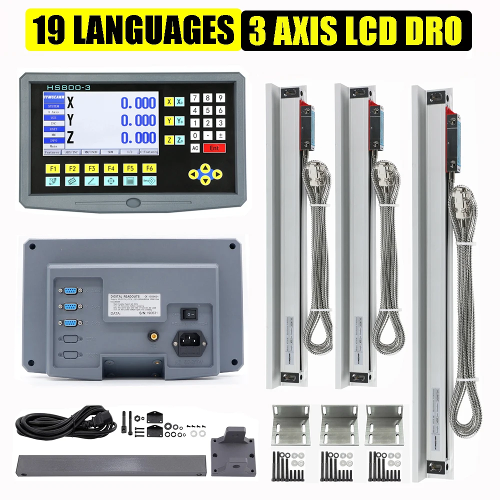 NUOVO HS800-3 19 Lingue 3 Assi LCD DRO Kit Lettura Digitale Display 5um TTL Encoder Ottico Scala Lineare Righello Per Tornio di Fresatura
