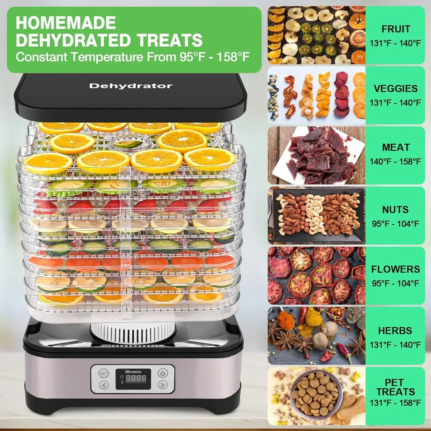 Food Dehydrator Machine, 8 BPA-Free Trays Fruit Dehydrator 72H Timer and Temperature Control 95-158℉, 400W Dehydrator