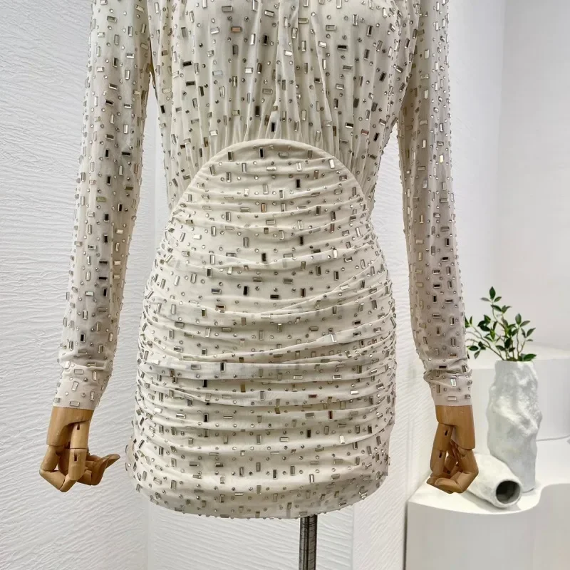 Women\'s Half High Collar Pleat Diamonds Pressed Slim Mini Dress Milky White Long Sleeve Summer New Arrival 2024