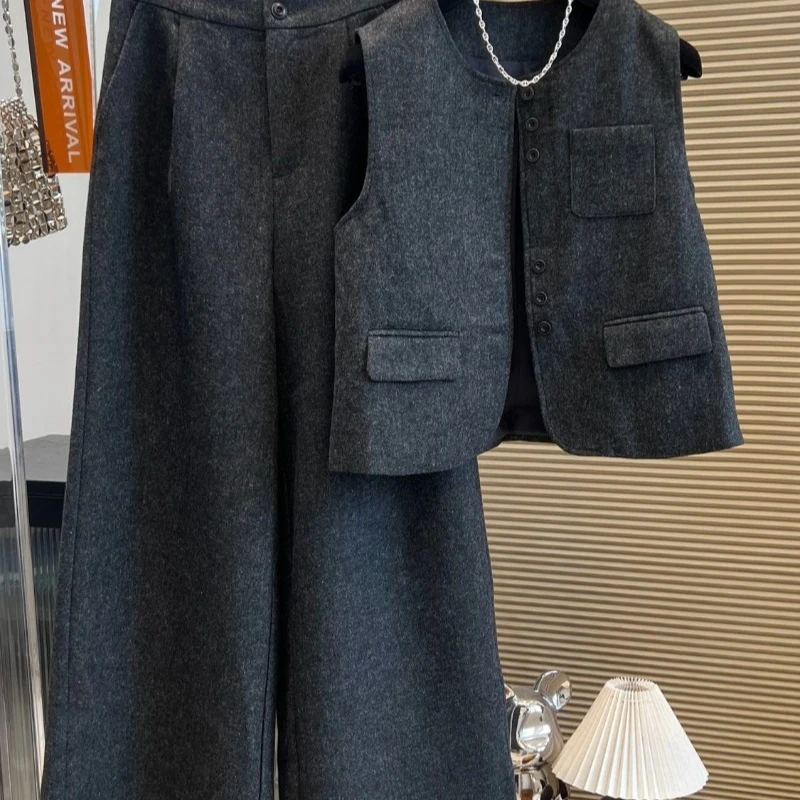 Solid-color Woolen  for Women, Loose High-end Sleeveless Single-breasted Vest, Semi-elastic Tight-waisted Casual Wide-leg Pants.