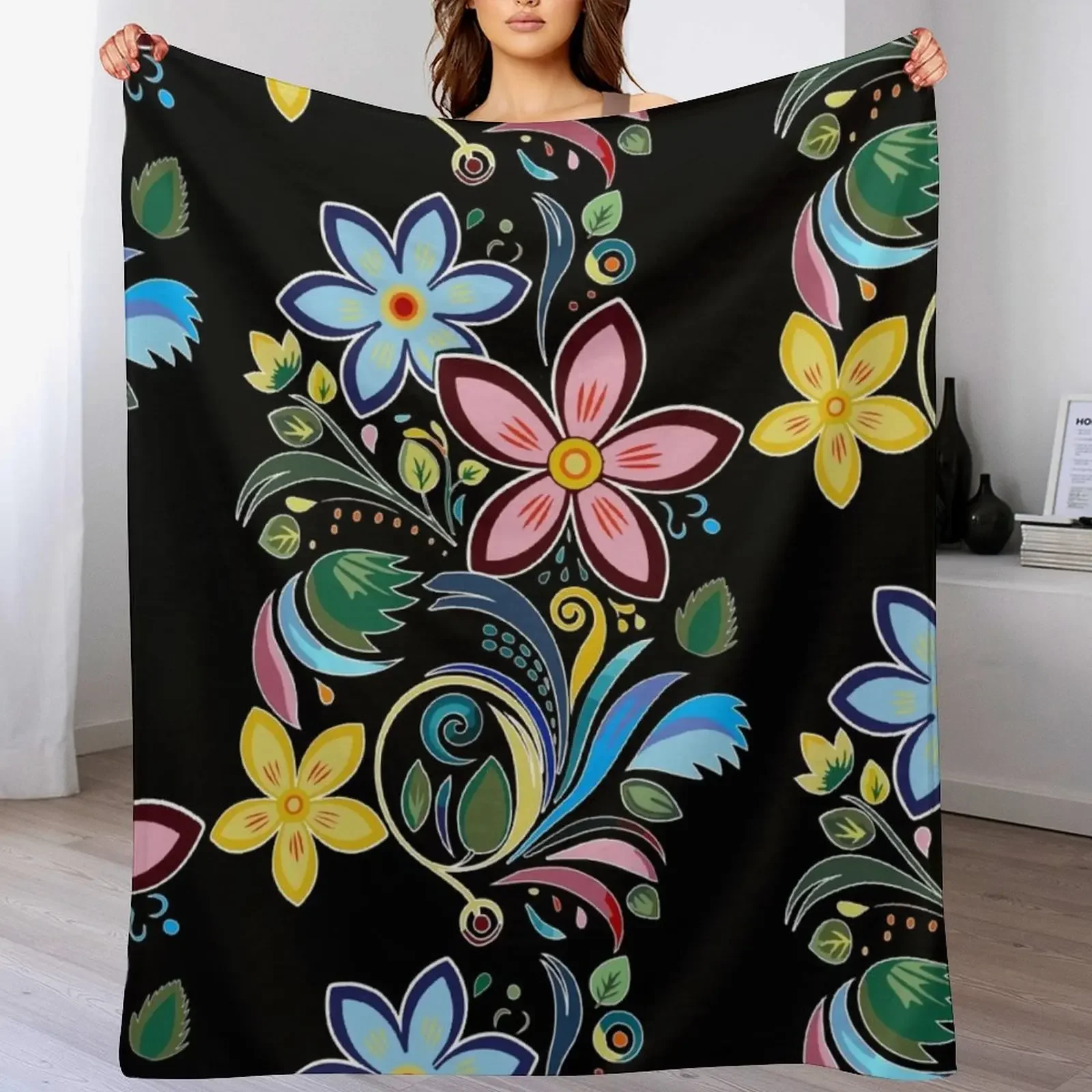 

Traditional Ojibwe Pattern, Indigenous Floral Design. Throw Blanket Loose Decorative Sofa Vintage Bed linens Blankets