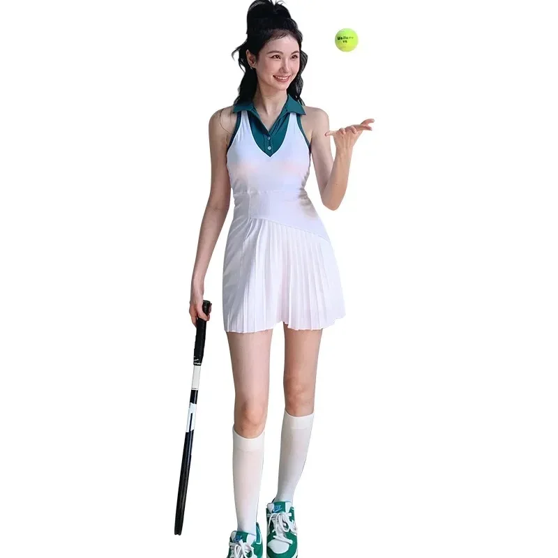 Tennis Dress Women with Shorts V Neck Polo Pleated Badminton Outfit Gym Outdoor  Sport Active Wear Sleeveless Sportswear 2024